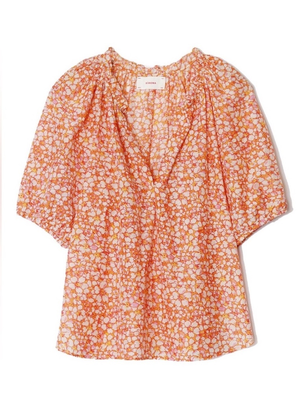 Xirena Jules Short Puff Sleeve Blouse Top in Floral Marigold Orange Small - Picture 2 of 7